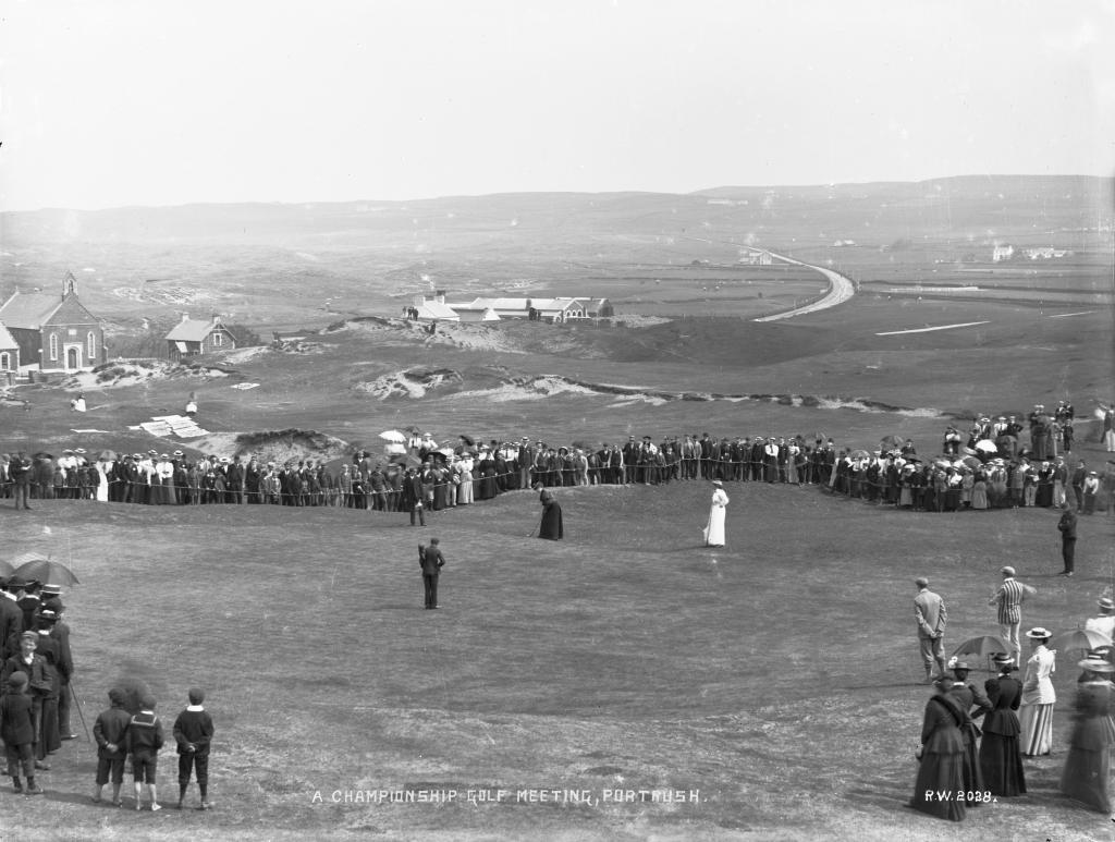 A black and white photograph of a championship golf meeting for the Ladies British Open Amateur Championship.