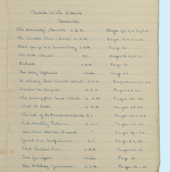 A contents page of a homemade showing nearly sixty pages of stories.