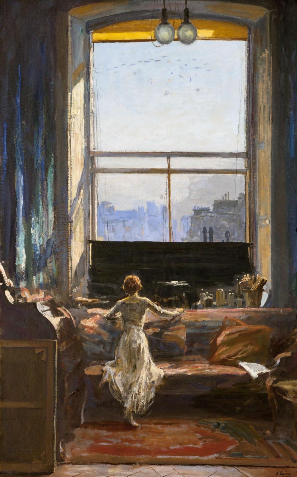 A painting by John Lavery in his studio showing a woman gazing out of a window. In the distance, we can see aeroplanes engaged in aerial warfare.