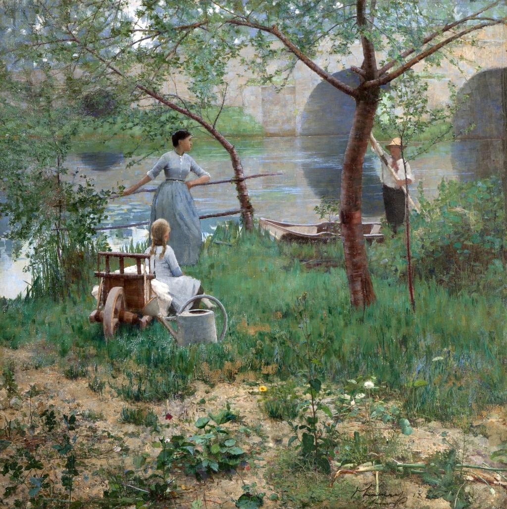 A painting by Sir John Lavery showing three figures outdoors by a river in France.