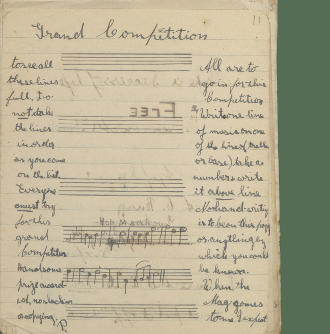 A competition in a homemade magazine encouraging readers to write a line of music.