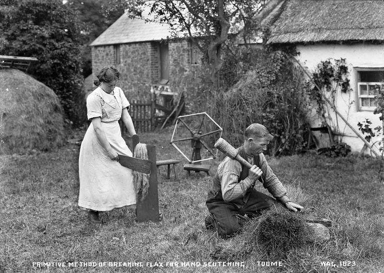 A man and a woman breaking flax by hand, in the background are buildings