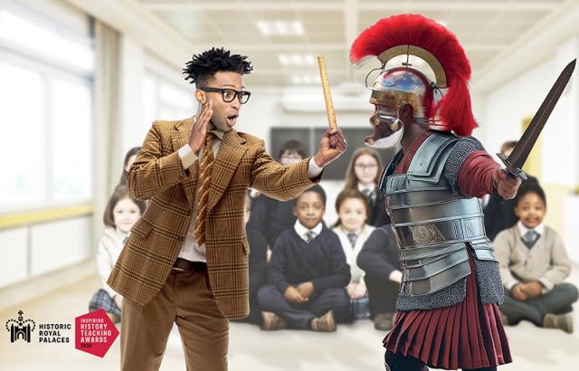 A picture showing a stereotypical history teacher wearing a suit, tie and glasses, with a typical history artefact you'd see in a museum - in this case a Roman soldier - with a classroom of children sitting in the background.