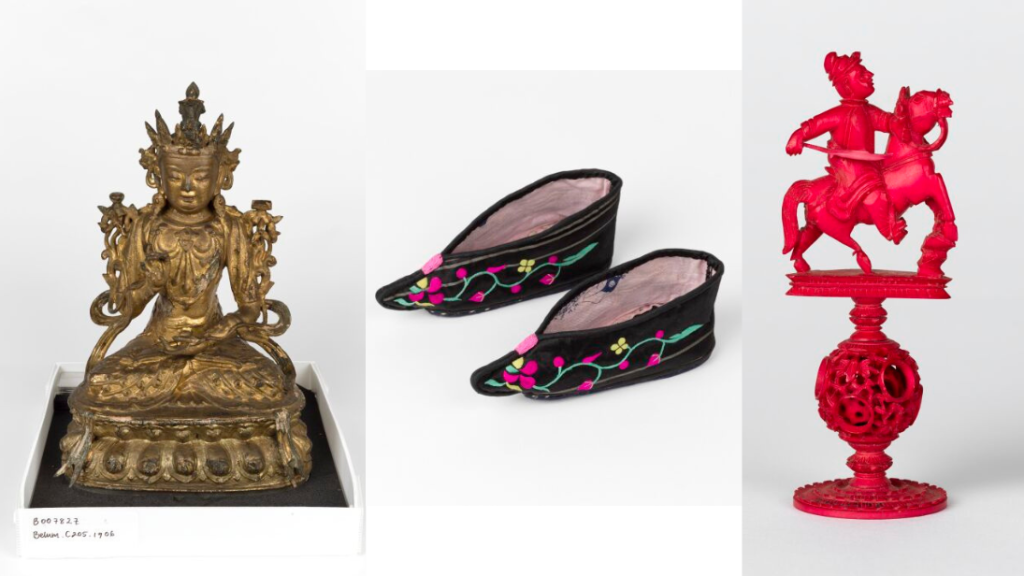 Objects from National Museums NI collection including the Figure of Guanyin, Shoes for bound feet and Carved ivory chess piece