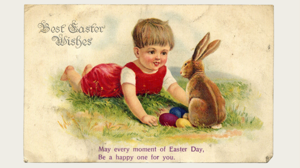 An Easter postcard showing a child with a bunny, with multicoloured eggs on the ground between them.