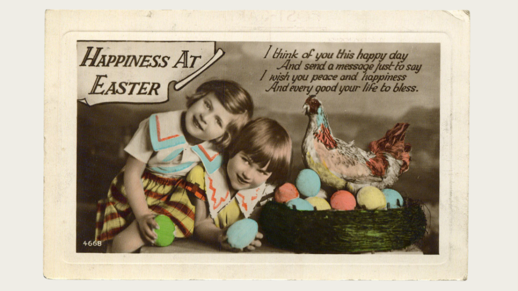 A postcard showing two children and brightly coloured easter eggs.