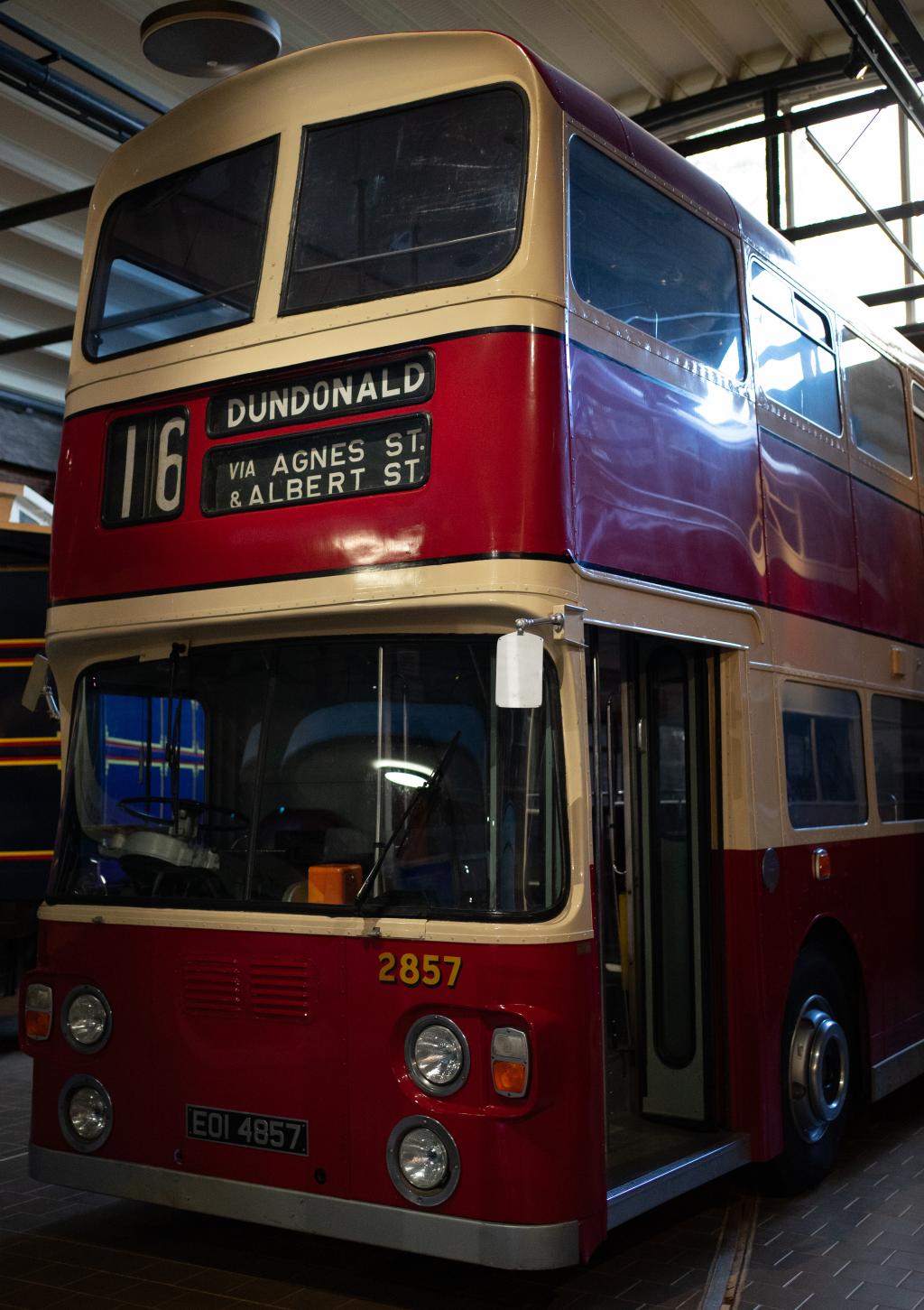 A red and white diesel bus in a museum gallery.