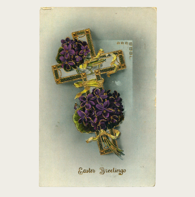 An easter postcard showing an ornately decorated cross.