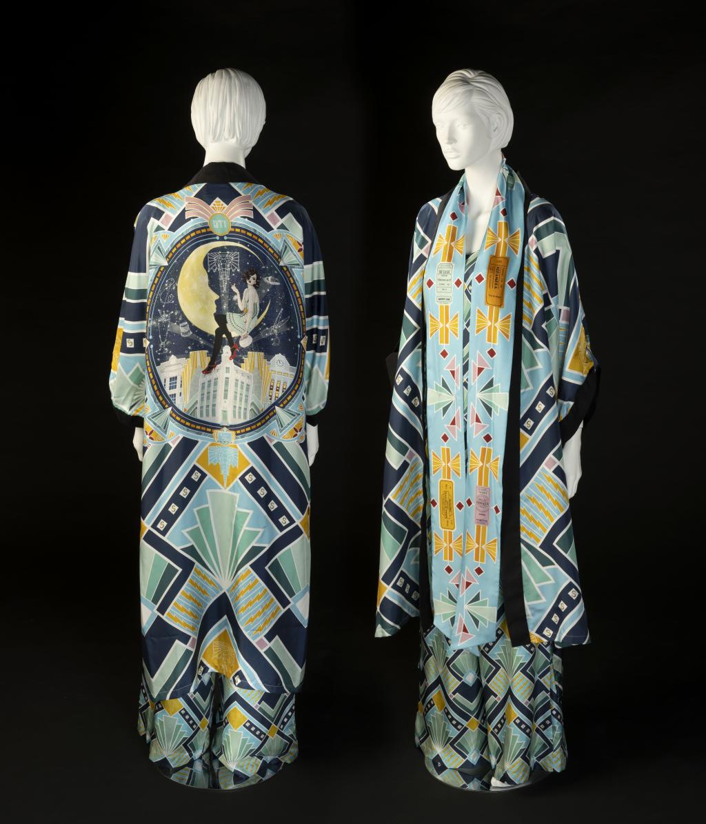A front and back view of a luxurious outfit by Sara O'Neill, using art deco patterns and imagery.
