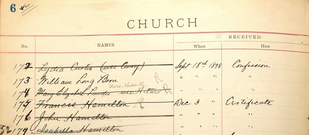 Church membership transfer showing Francis, John and Isabella, December 1898 - John died just months after