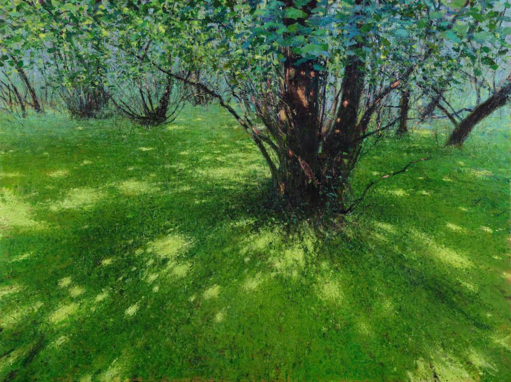 A painting showing a sun-dappled grove, full of lush greens.