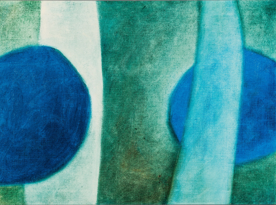 An abstract painting showing two blue circles. One, to the right, is bisecting by a thick, lighter blue line. The other is imposed on a thick white line. The background is otherwise green.