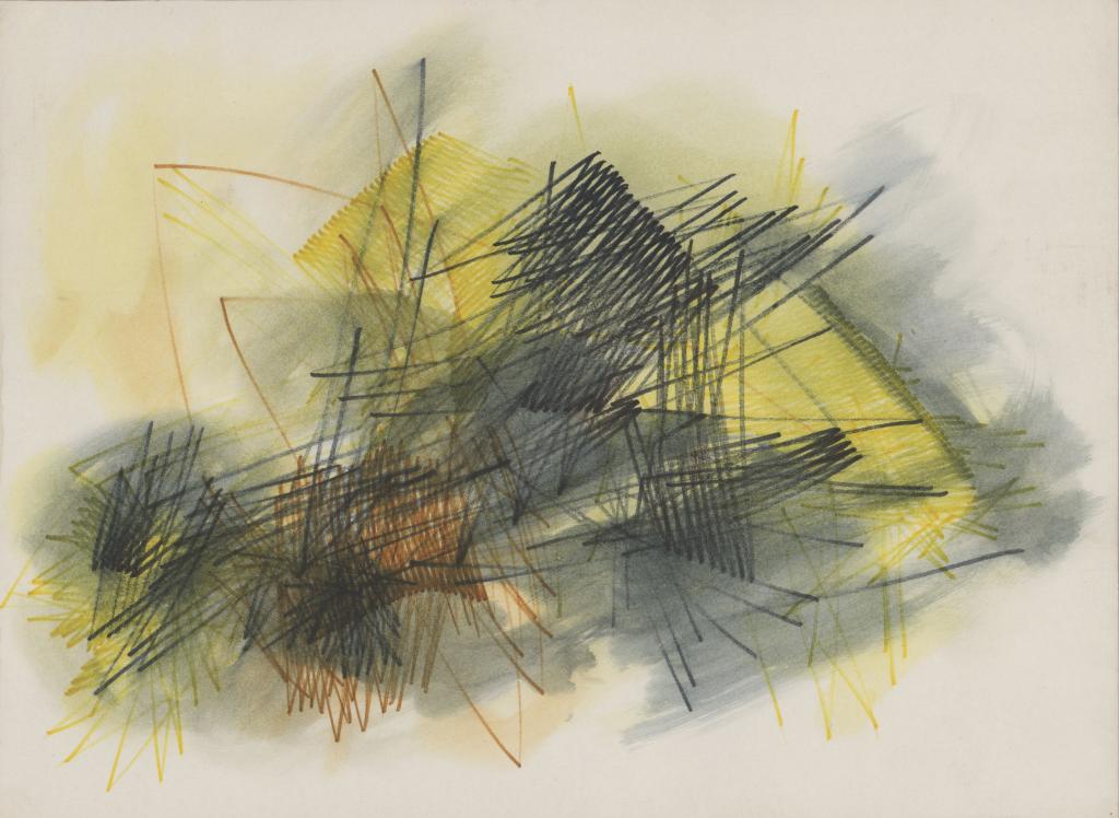 An abstract work on paper, with background colours of blue and yellow, with pen marks crashing across the page. 