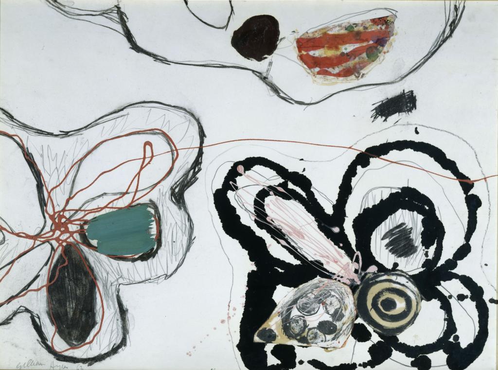 An abstract painting. On a white background, shapes like butterflies and flowers are made in black outline, with bursts of red and blue for colour. 
